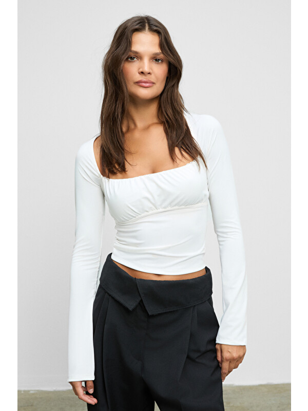 GRIMELANGE SILIVRA Kadın Havuz Yakalı Esnek Kumaşlı Slim Fit BEYAZ Bluz