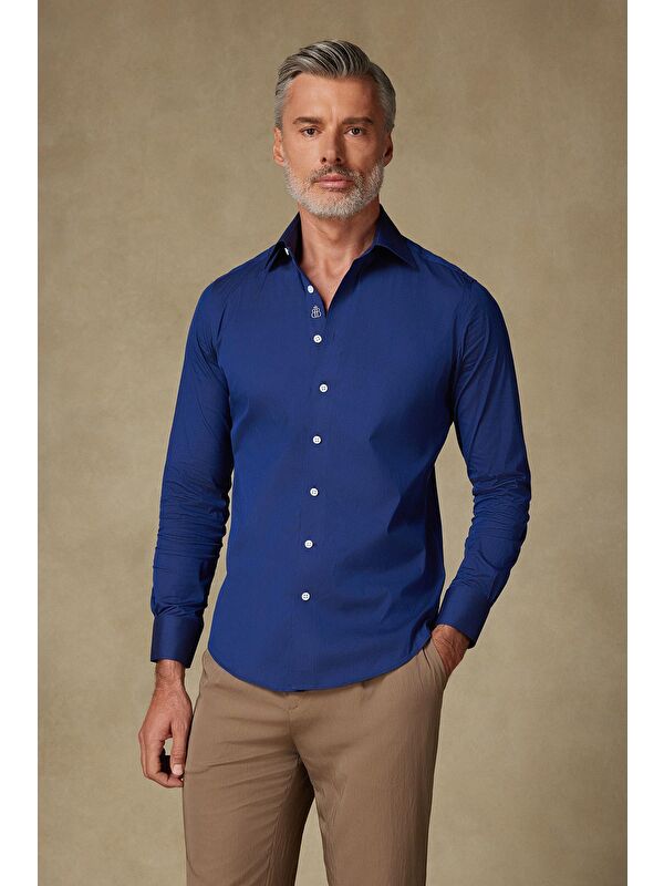 ABBATE Sartoria Poplin Stretch Pamuk Karışımlı Slim Fit Lacivert İtalyan Yaka Erkek Düz Gömlek