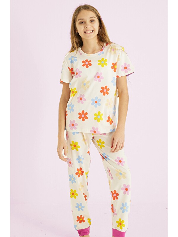 Siyah İnci Kız Çocuk %100 Pamuk Çiçek Baskılı Bisiklet Yaka Pijama Takım 25110054
