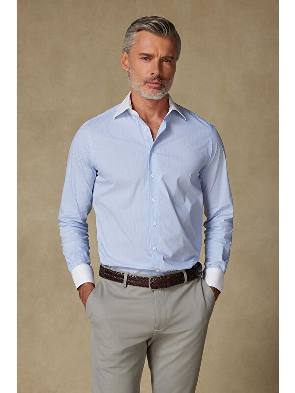 ABBATE Sartoria Poplin Stretch Pamuk Karışımlı Slim Fit Açık Mavi İtalyan Yaka Erkek Çizgili Gömlek