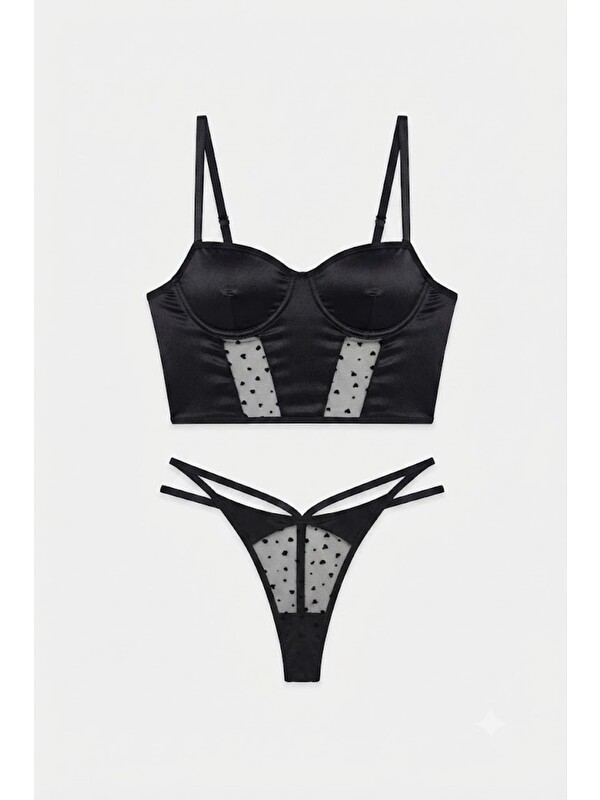 C&City Dantel Detay Fantezi Crop Bustiyer Takım 6506 Siyah