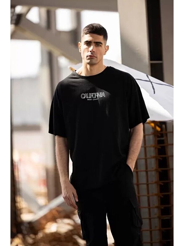 Jane's Unisex Bisiklet Yaka Baskılı Oversize T-Shirt - Siyah