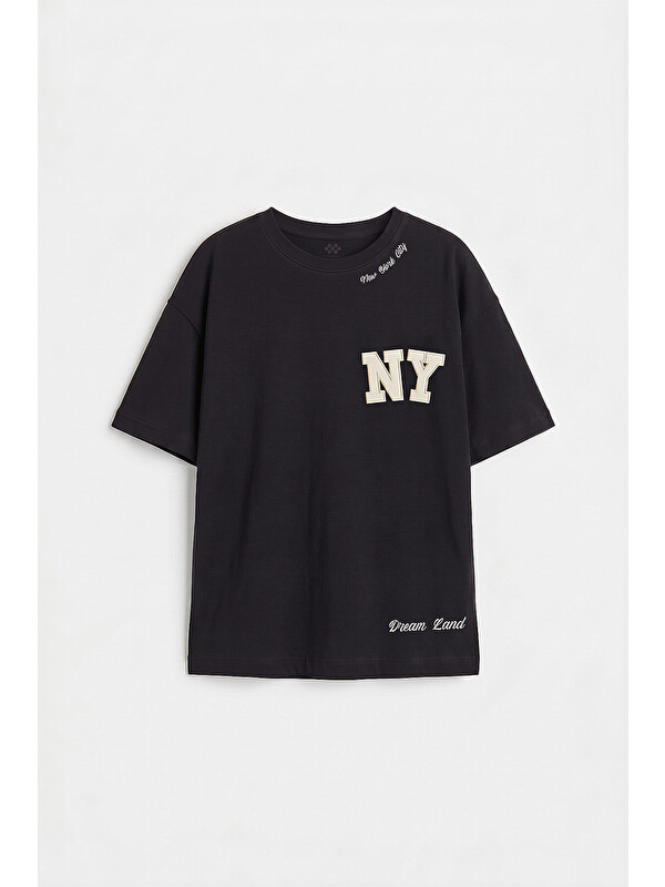 Tommylife Siyah Oversize Kısa Kollu Baskılı Kız Çocuk T-Shirt - 75174