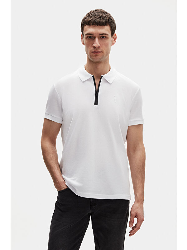 D'S damat Slim Fit Beyaz Pike Dokulu Yarım Fermuarlı Polo Yaka Yazlık Tişört