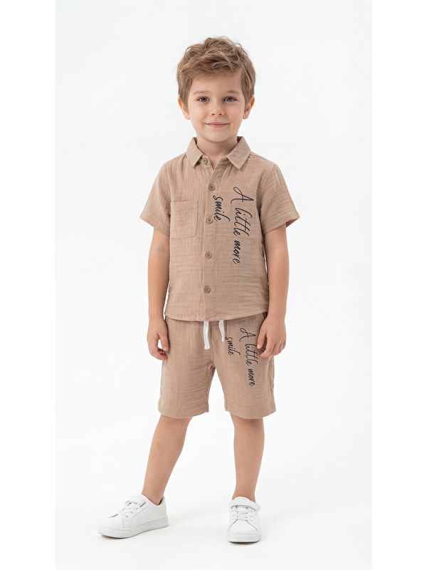 Mışıl Kids A Little More Smile Baskılı Cep Detaylı Erkek Çocuk Gömlek & Şort Takımı