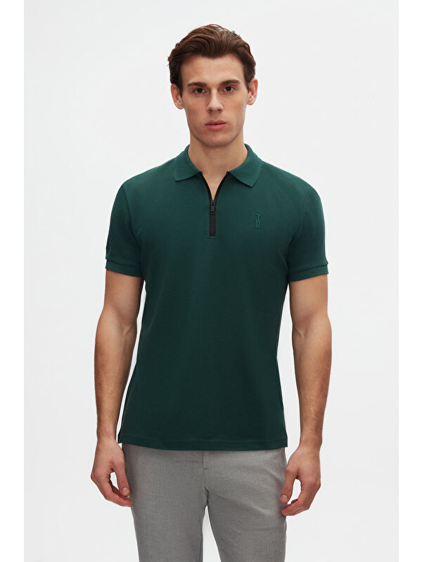 D'S damat Slim Fit Haki Pike Dokulu Yarım Fermuarlı Polo Yaka Yazlık Tişört