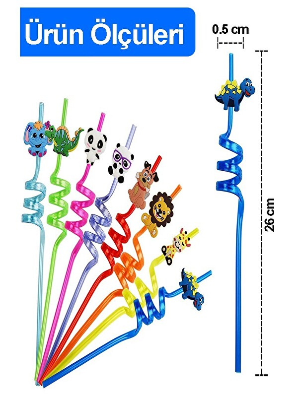 artmaster Figürlü Pipet 8 Adet Sevimli Renkli Kıvrımlı Pipet 26 cm Ev Dekoratif Yıkanabilir Emoji