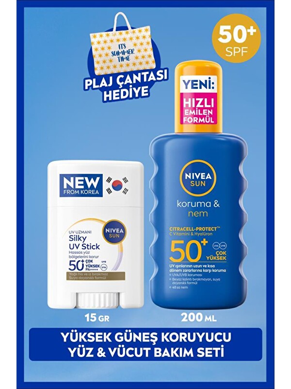 NIVEA SUN SPF50+ Güneş Koruyucu Kore Stick Yüz Kremi 15gr ve Nemlendirici Vücut Spreyi, Çanta Hediyeli