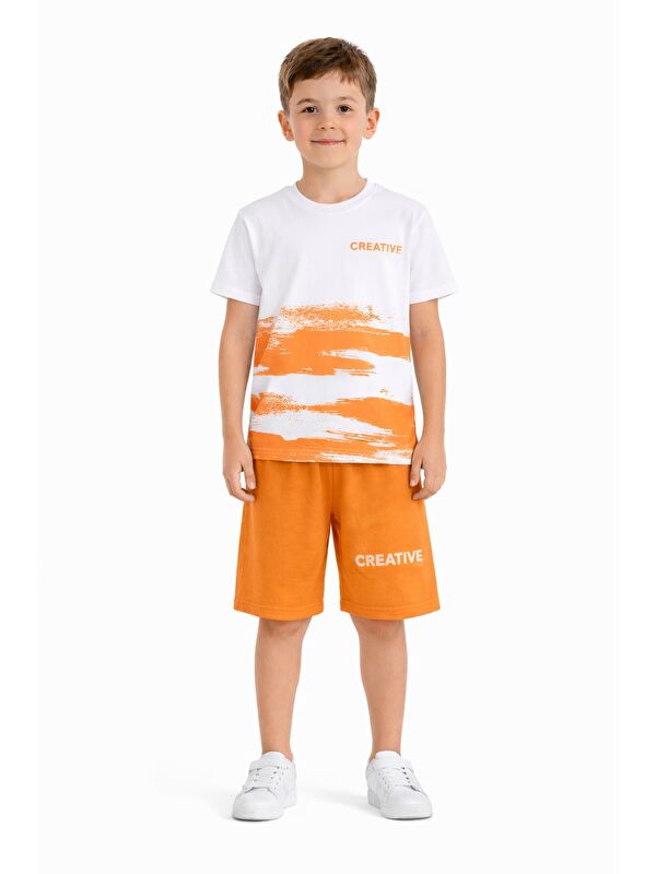 Cansın Mini Turuncu Creative Yazılı Desenli Tişörtlü Erkek Çocuk Şortlu Takım 23793