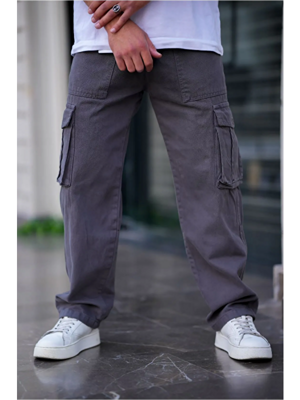 Tarz Cool Erkek Kargo Cep Baggy Pantolon Füme Rengi