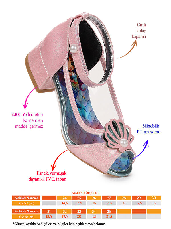 Deniz Kızı Şeffaf Burnu Açık Kız Çocuk Topuklu Abiye Ayakkabı - Görsel 3