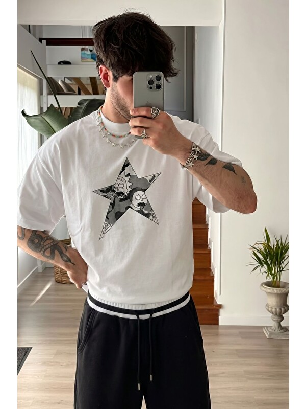 gothamVibes Erkek Oversize Rick Beyaz Premium T-Shirt