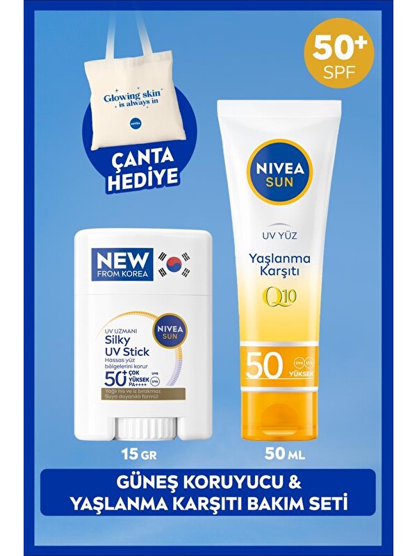 NIVEA SUN SPF50+ Güneş Koruyucu Stick Yüz Kremi ve Q10 Yaşlanma Karşıtı Yüz Bakım Kremi 50ml, Çanta Hediye
