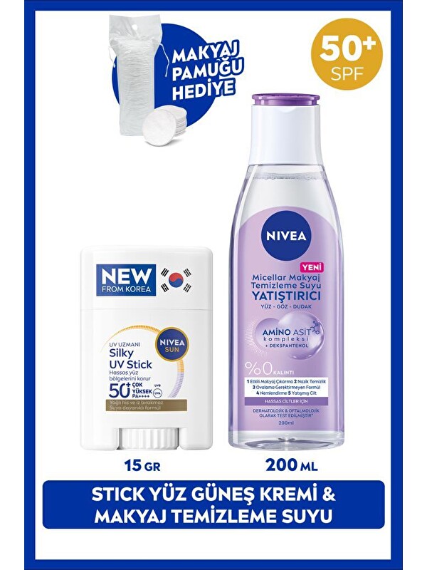 NIVEA SUN SPF50 Güneş Koruyucu Stick Yüz Kremi ve Yatıştırıcı Makyaj Temizleme Suyu 200ml, Pamuk Hediye