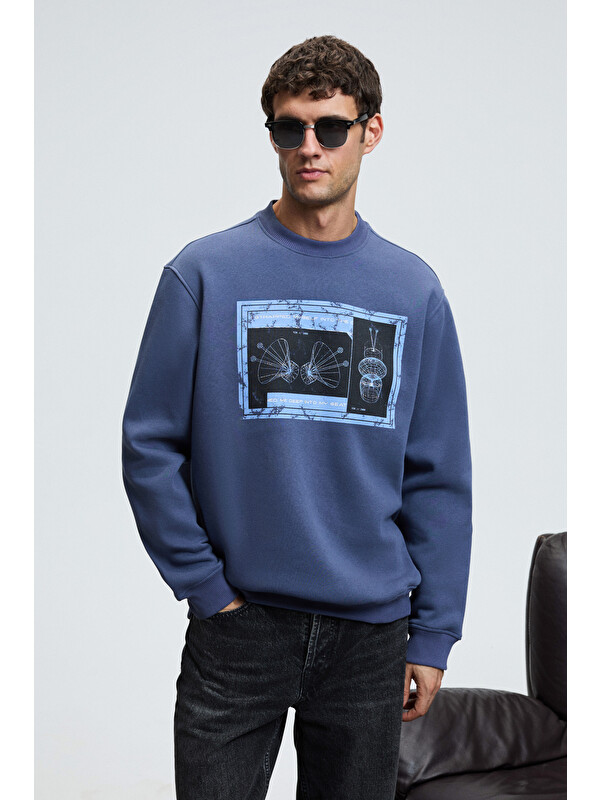 GRIMELANGE LUCIAN Erkek Göğsü Ve Sırtı Baskılı Yuvarlak Yaka Regular Fit İNDİGO Sweatshirt