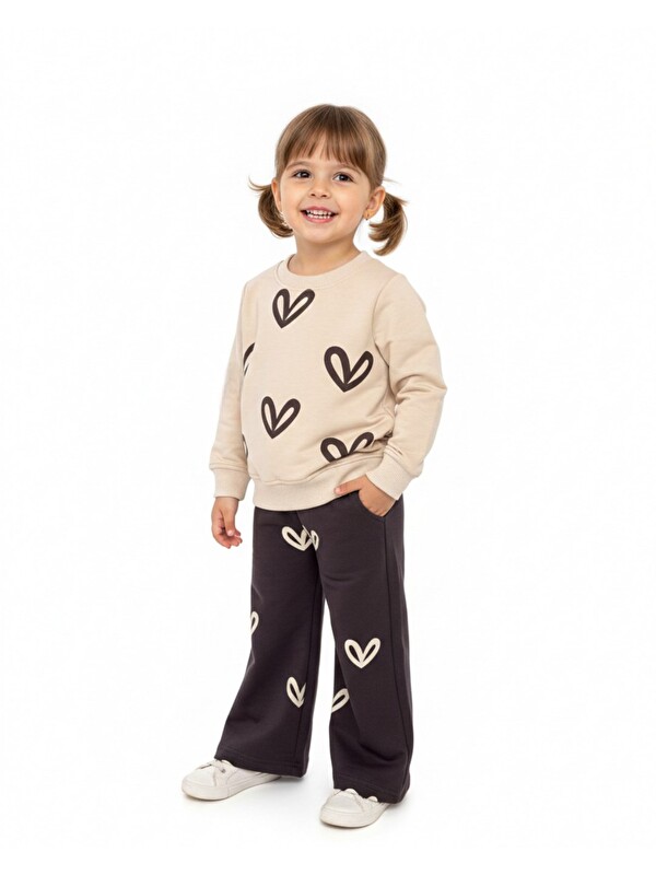 Ege Bebek Kız Çocuk Kalp Baskılı Geniş Paça Pantalonlu 2'li Mevsimlik Takımı