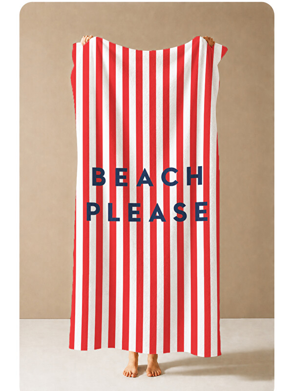 Milbay Grup Beach Please Kırmızı Çizgili Desenli 70x150 Plaj Havlusu - Dijital Baskılı Solmaz Banyo Havlusu