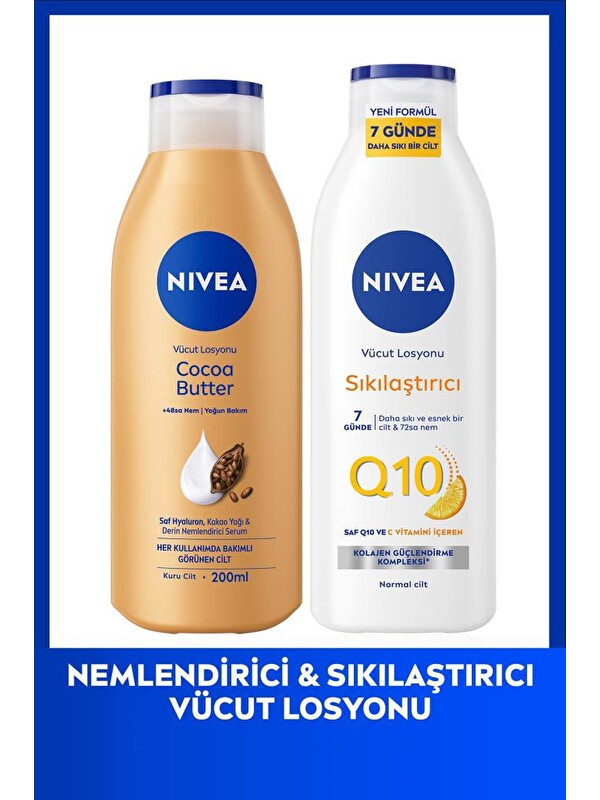 NIVEA Q10 7 Günde Sıkılaştırıcı Vücut Bakım Losyonu 250ml ve Nemlendirici Losyonu Cocoa Butter 200ml