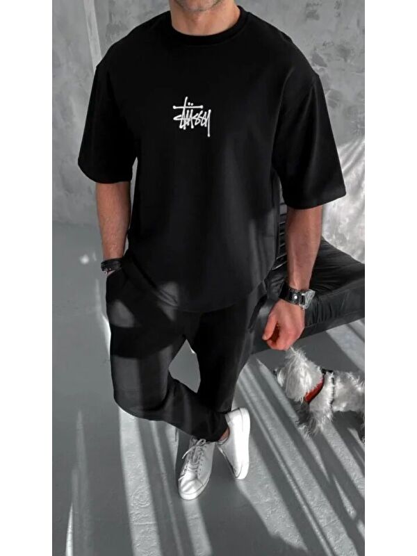 Jane's Unisex Bisiklet Yaka Baskılı Oversize T-Shirt - Siyah
