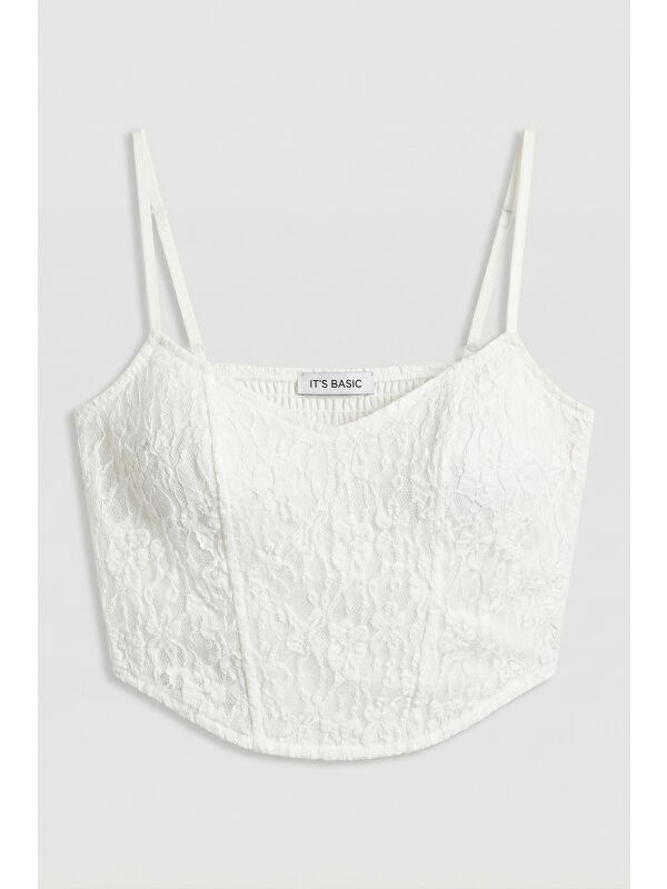 It's Basic Kadın Beyaz s6-101 Crop Fit Askılı Dantel Detaylı Crop Top
