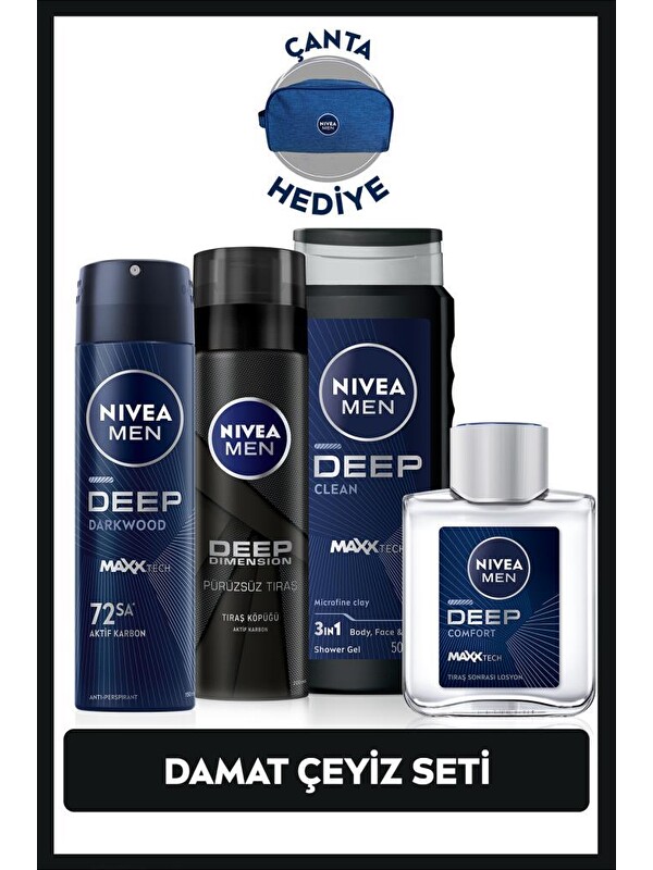 NIVEA MEN Erkek Çeyiz Seti, Duş Jeli 500 ml, Sprey Deodorant, Losyon 100 ml, Tıraş Köpüğü, Çanta Hediye