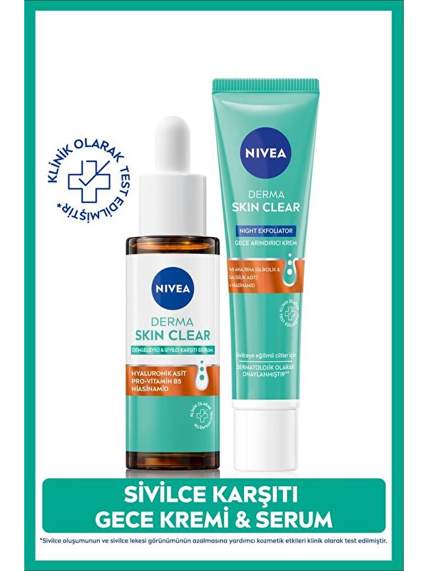 NIVEA Derma Skin Clear Karşıtı Cilt Serumu 30ml ve Gece Arındırıcı Krem 40ml, Niasinamid, Hyaluronik Asit