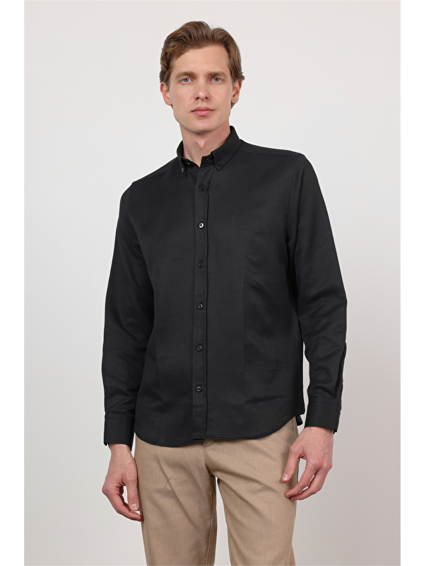 İMZA Düğmeli Yaka Uzun Kol Cepsiz Slim Fit Pamuklu Gömlek 1004260203