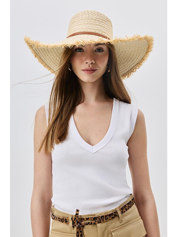 C&City Saçaklı Kenarlı Hasır Şapka Y8212 Camel