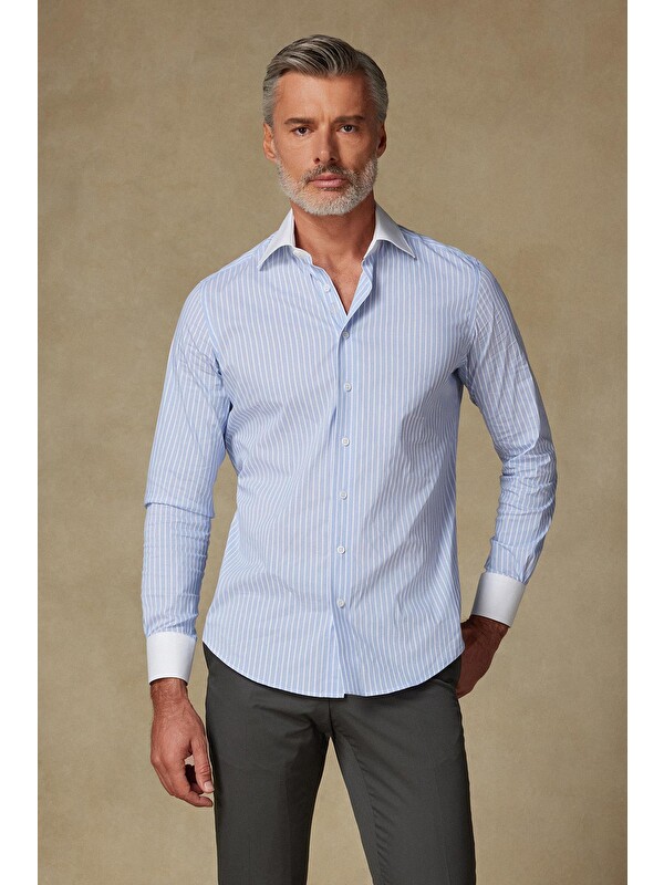 ABBATE Sartoria Poplin Stretch Pamuk Karışımlı Slim Fit Açık Mavi İtalyan Yaka Erkek Çizgili Gömlek