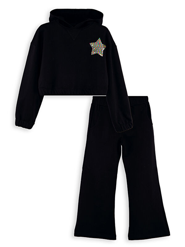 Denokids Stars Kız Çocuk Crop Siyah Eşofman Takım