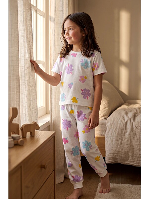 ZUZUNGA Pastel Renkli Çiçek Desenli Beyaz Kız Çocuk %100 Pamuk Pijama Takımı