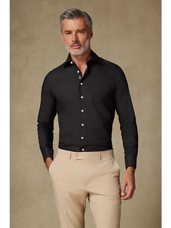 ABBATE Sartoria Poplin Stretch Pamuk Karışımlı Slim Fit Siyah İtalyan Yaka Erkek Düz Gömlek