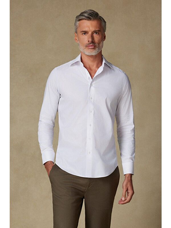 ABBATE Sartoria Poplin Stretch Pamuk Karışımlı Slim Fit Beyaz İtalyan Yaka Erkek Düz Gömlek