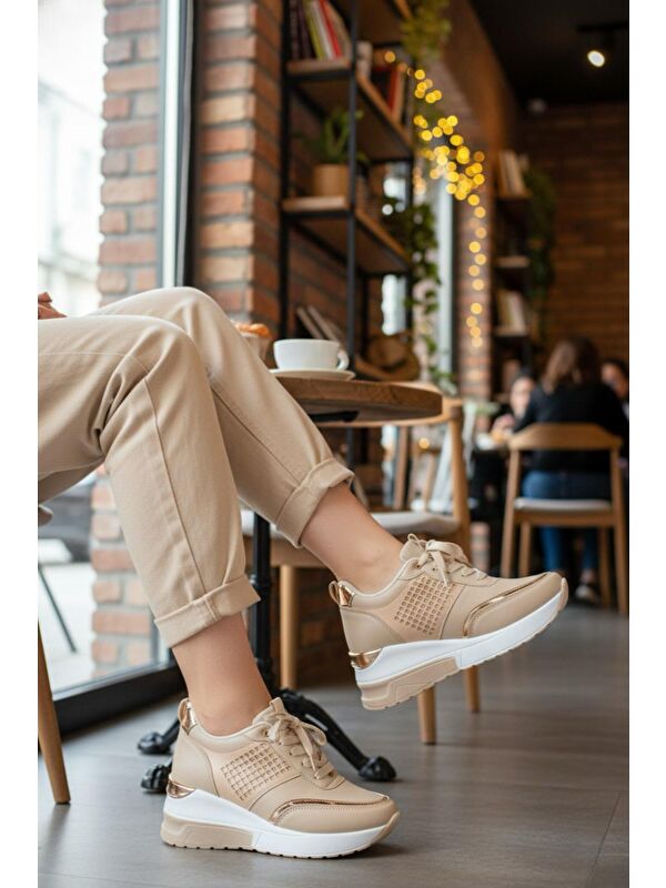 Kadın Rowan Gizli Topuk Yüksek Taban Bej Spor Ayakkabı - Görsel 3