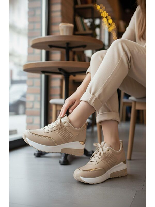 Kadın Rowan Gizli Topuk Yüksek Taban Bej Spor Ayakkabı - Görsel 4