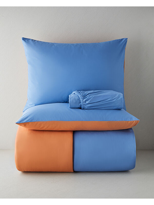 English Home Plain Pamuk Çift Kişilik Nevresim Takımı 200x220 cm Mavi-Turuncu