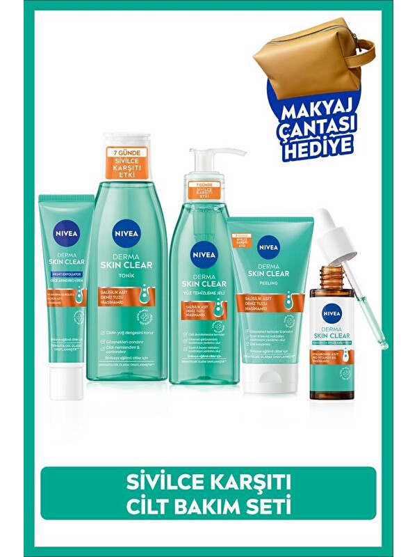 NIVEA Derma Skin Clear Karşıtı Set, Serum, Yüz Temizleme Jeli,Tonik, Peeling, Gece Kremi ve Çanta