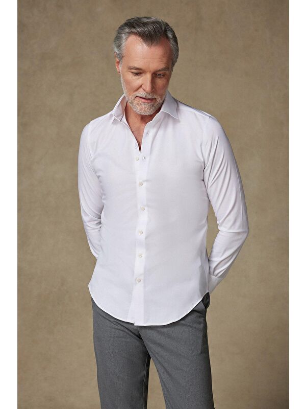 ABBATE Donatello Twill Pamuklu Slim Fit Beyaz Klasik Yaka Erkek Düz %100 Pamuk Gömlek