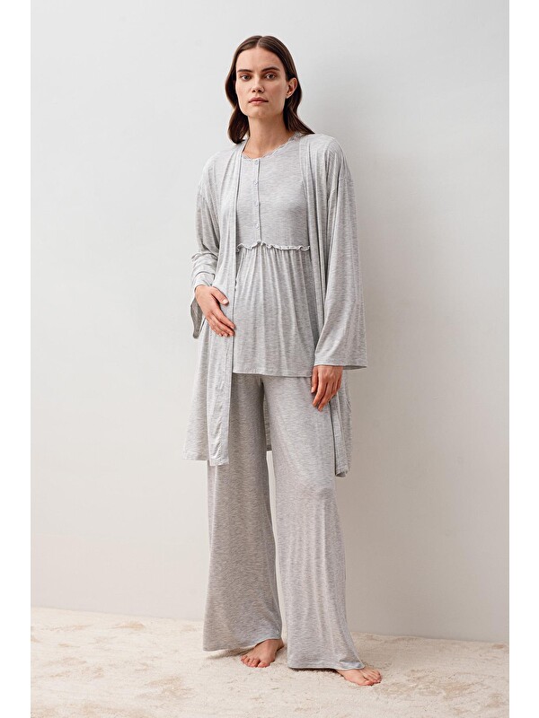 Artış Uzun Kollu Elastanlı Viskoz Hamile Sabahlık Pijama Takım 20302