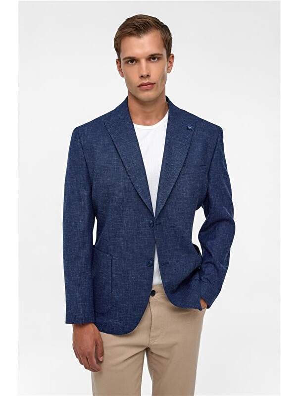 Süvari Lacivert Regular Desenli Sivri Yaka 4 Drop Blazer Ceket