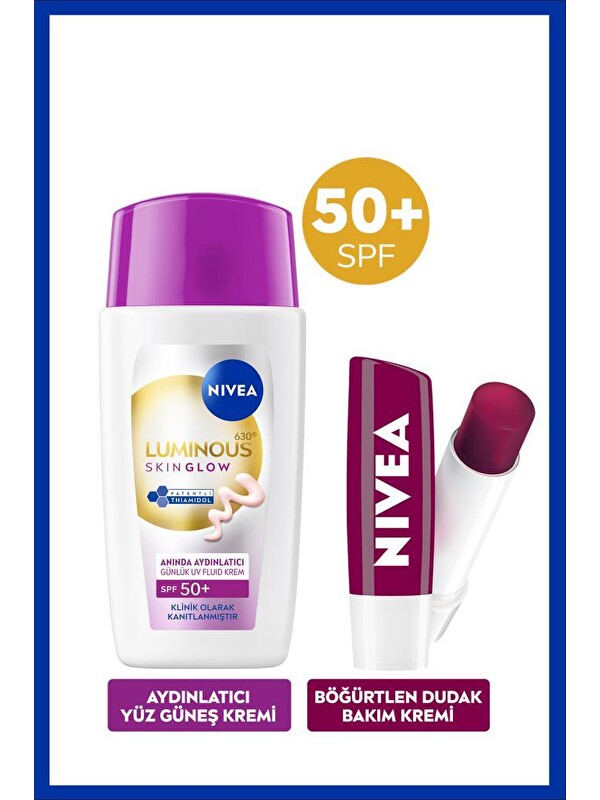 NIVEA SPF50+ Luminous630 Skin Glow Aydınlatıcı Yüz Güneş Kremi 40ml ve Böğürtlen Renkli Dudak Bakım Kremi