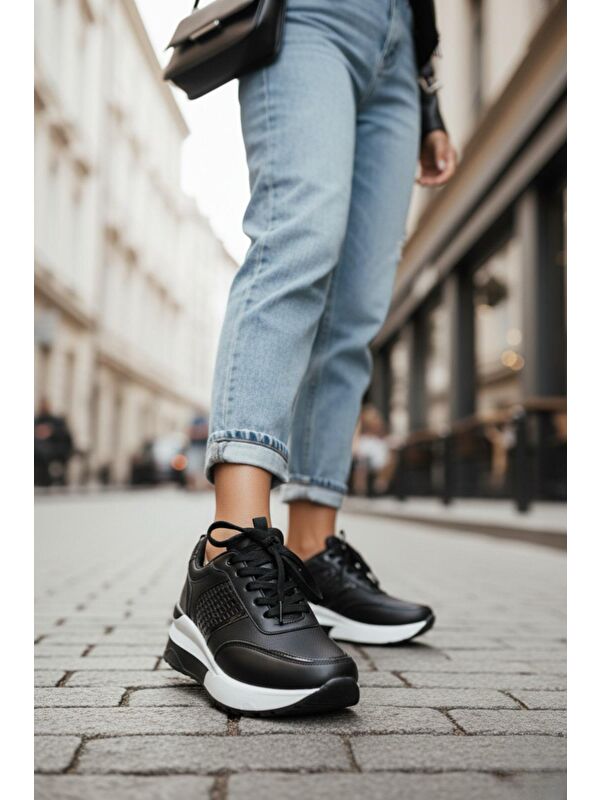 Kadın Rowan Gizli Topuk Yüksek Taban Siyah Spor Ayakkabı - Görsel 3