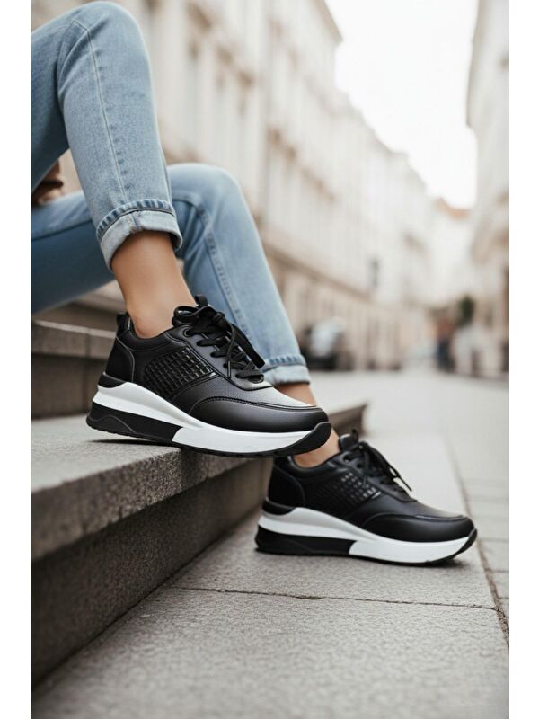 Kadın Rowan Gizli Topuk Yüksek Taban Siyah Spor Ayakkabı - Görsel 4