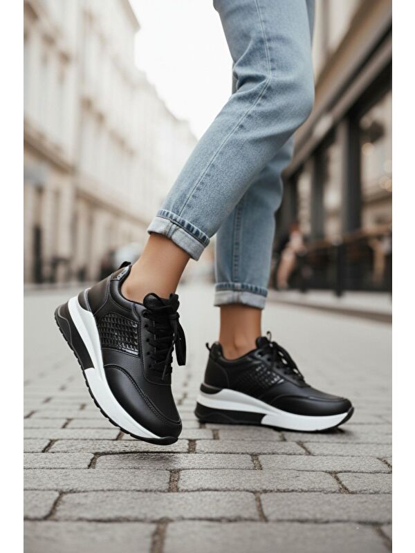 Kadın Rowan Gizli Topuk Yüksek Taban Siyah Spor Ayakkabı - Görsel 5