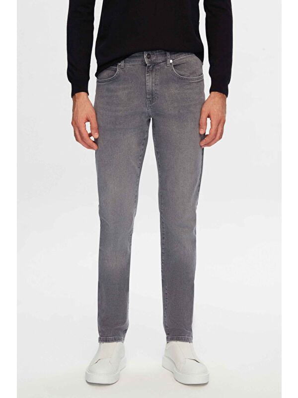 D'S damat Slim Fit Gri Düz Jean Beş Cepli Elastanlı Yıkamalı Denim Pantolon
