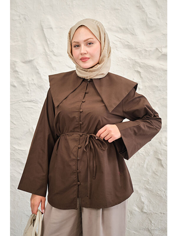 Locco Moda Kadın Gemici Yaka Bel Bağlamalı Gömlek Kahverengi