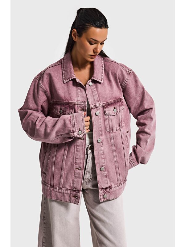 It's Basic Kadın Lila 3s6-98 Oversize Özel Yıkamalı Bol Kesim Denim Ceket