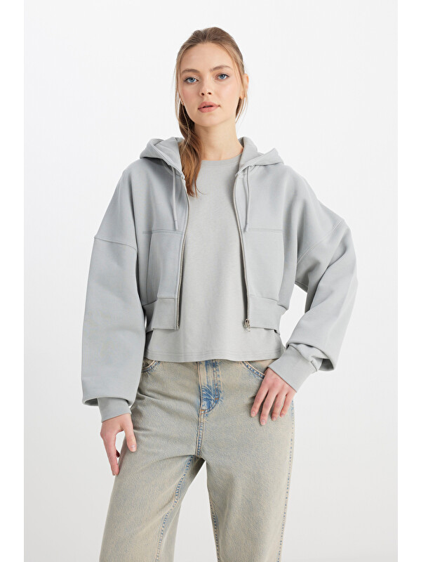 Wrangler Relaxed Fit Geniş Kesim Kapüşonlu Fermuarlı %100 Pamuk Gri Sweatshirt Ceket