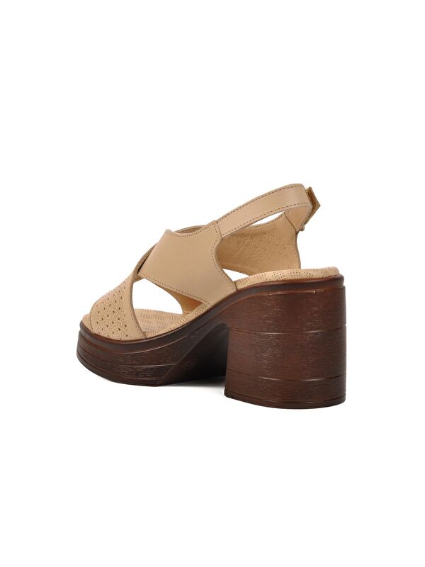 Bej Hakiki Deri Kadın Topuklu Sandalet 523001 - Görsel 5