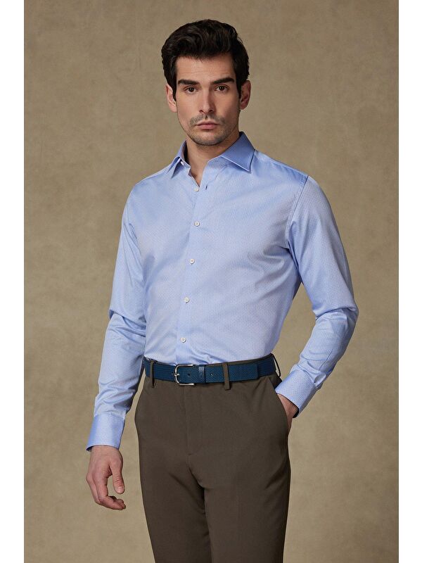 ABBATE Donatello Armür Pamuklu Slim Fit Açık Mavi Klasik Yaka Erkek Desenli %100 Pamuk Gömlek